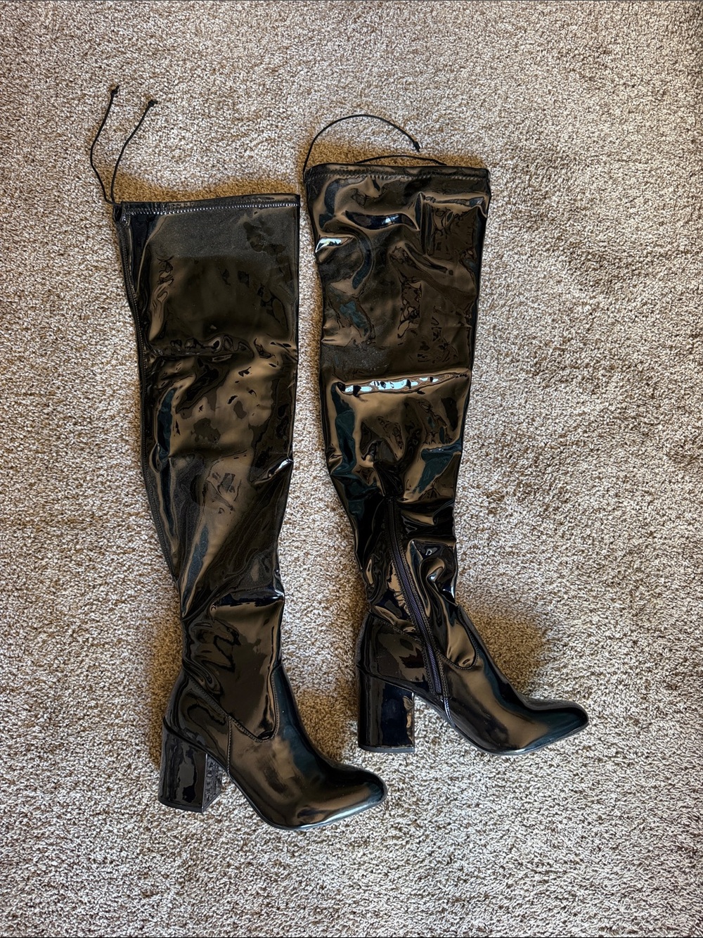 Patent Over-the-Knee Block Heel Boots - Black